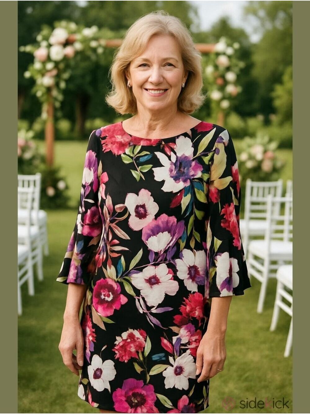 4/$97 Deal! Frank Lyman Design Black Floral Bell-Sleeve Dress with Pink & Purple